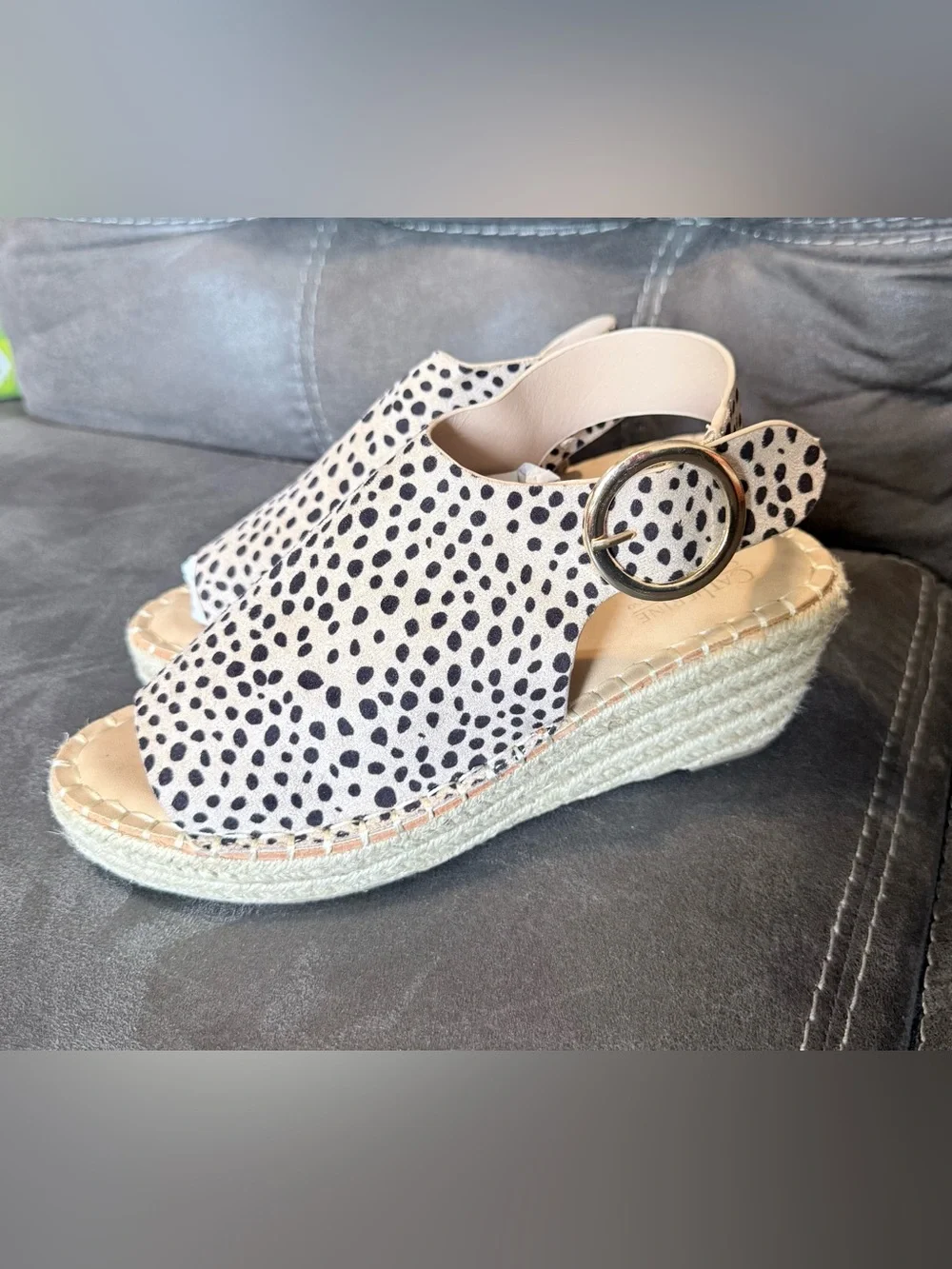 Catherine Malandrino Spotted Espadrille Wedge Sandals in Cream and Black